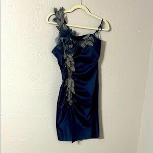 Faviana navy cocktail dress with floral detail
